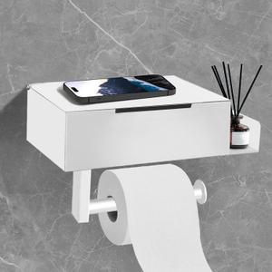 SEHAUSEU Paper Roll Holder,3-in-1 Space-Saving Bathroom Organizer - White Metal Toilet Paper Holder with Tissue Box Storage for Modern Bathrooms