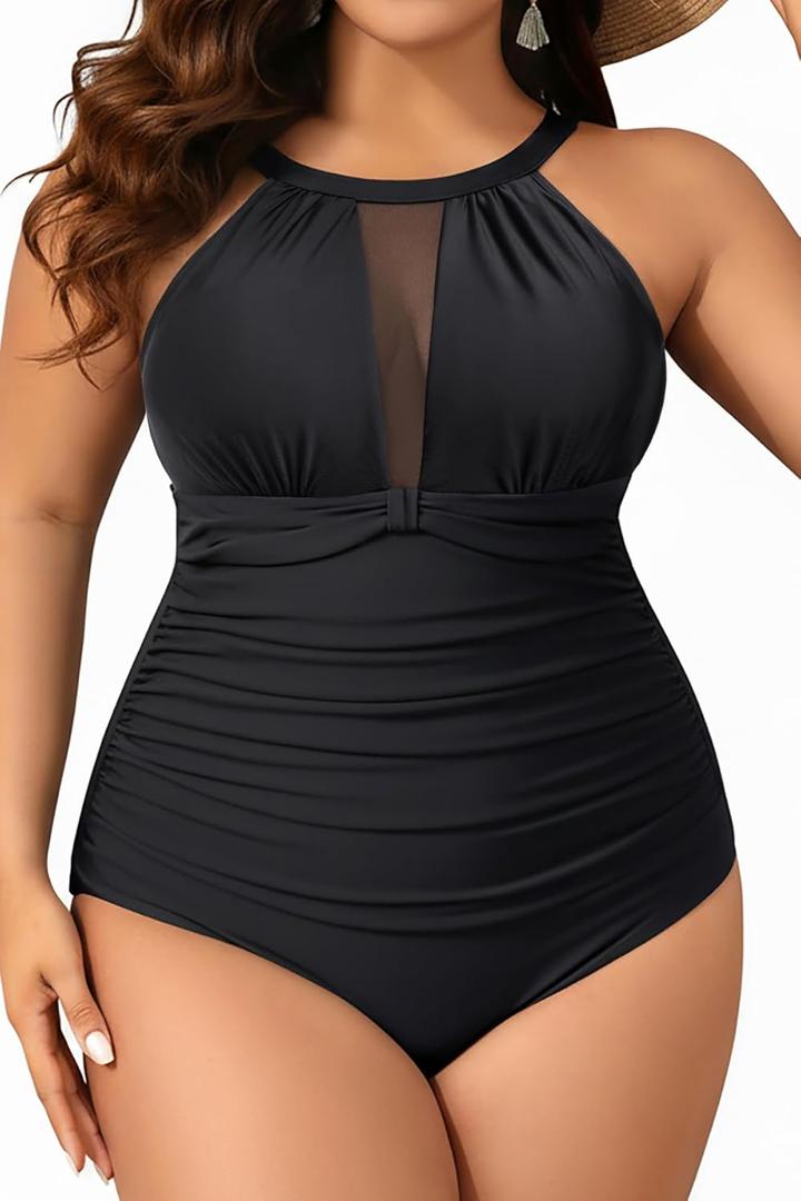 Aqua Eve Plus Size Swimsuit Women One Piece Swimsuit Tummy Control High Neck Bathing Suit Ruched Swimwear, Black, 18W
