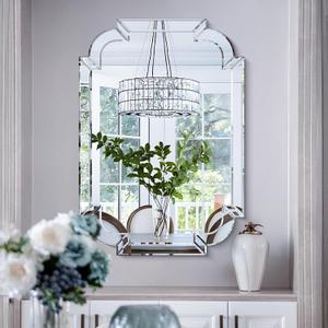 Chende 36''x24'' Bathroom Mirror with Beveled Glass, Elegant Decorative Mirror for Wall Decor, Modern Accent Mirror with Scalloped Frame for Living Room, Dining Room, Entryway, Fireplace, Bedroom