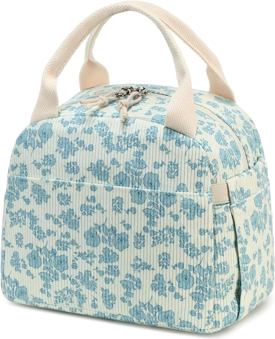 Bluboon Lunch Bag for Women Men Cute Corduroy Lunch Tote Bags Reusable Insulated Lunch Box Large Capacity Reusable Insulated Cooler for Work Picnic or Travel (Medium (10L), Corduroy Blue Flower 202)