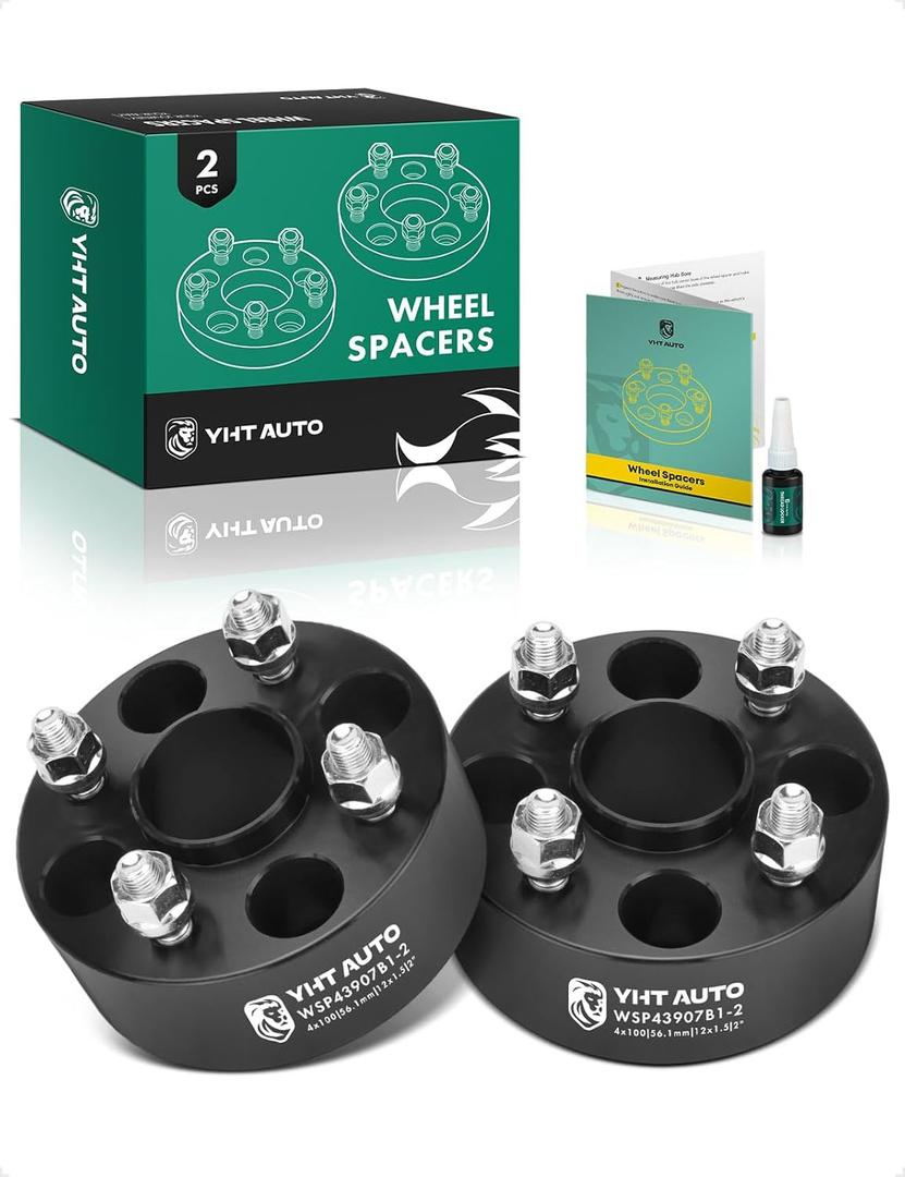 YHTAUTO 4x100mm Hub Centric Wheel Spacers 2" Compatible with Honda, Acura, Kia, Mini & Mitsubishi Models, Integra, CRX, Tire Spacers w/ M12x1.5 & 12.9 Grade Studs, 56.1 mm Hub Bore 4 Lug 2PCS Black (2 Inch Thickness)
