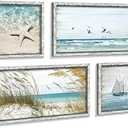 Coastal Framed Wooden Wall Art: Beach Art Ocean Prints Set of 4 Starfish Pictures Seascape Artwork for Living Room Overall 48"W x 32"H