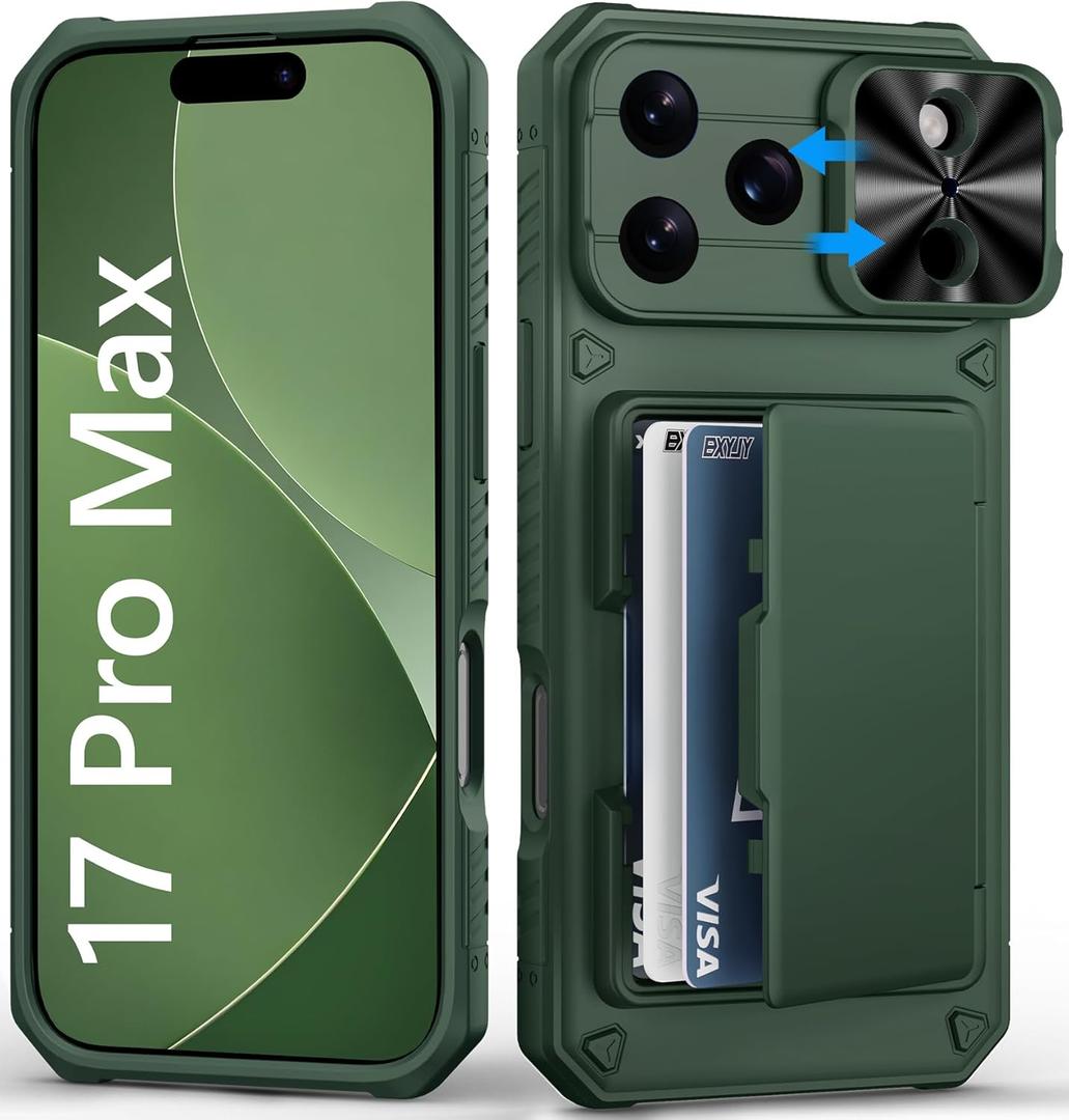 for iPhone 17 Pro Max Wallet Case, Credit Card Holder (4-5 Cards), Slide Lens Cover, Military Drop Protection, Rugged Heavy Duty Women Men Protective Phone Case for iPhone 17Pro Max 6.9", Green