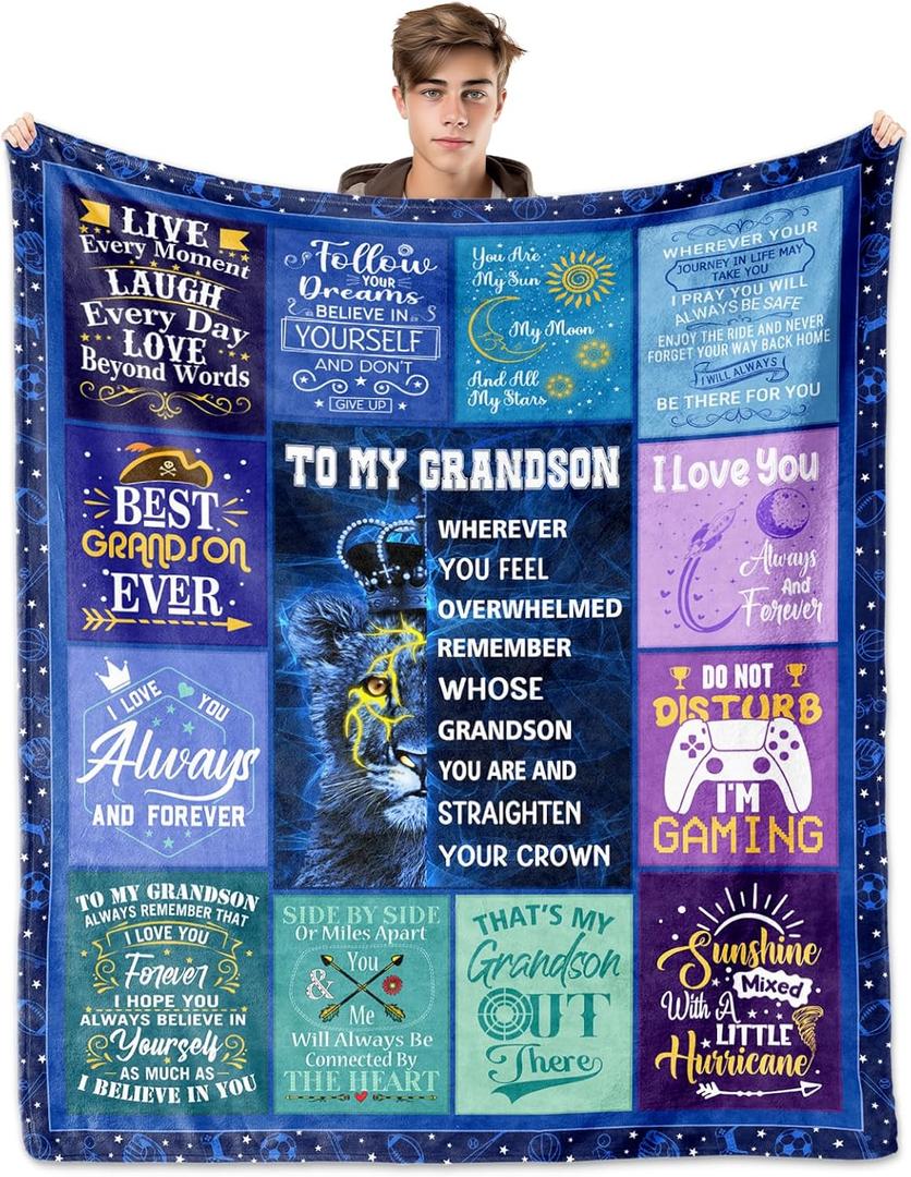 Grandson Gifts from Grandma, Gifts for Grandson Blanket 60"X 50", Grandsons Gifts from Grandparents, Best Grandsons Adult Gift for Ideas Valentines Graduation Christmas Birthday
