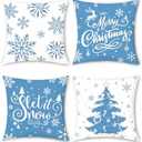 Bonhause Blue Christmas Snowflakes Throw Pillow Covers 18x18 Inch Xmas Tree Let It Snow Winter Holiday Decorative Pillows Soft Velvet Cushion Covers for Outdoor Couch Sofa Decor Set of 4