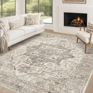 Area Rug 10x14 Washable Vintage - Soft Traditional Rug for Living Room Bedroom Dining Room or Home Office -Non Slip Backing Large Rugs with Low Pile Farmhouse Oriental Retro Carpet - Light Brown