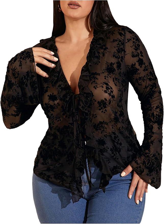 Floral Lace Sheer T Shirt Tie Front Long Bell Sleeve Tee Going Out Tops, Size  XS