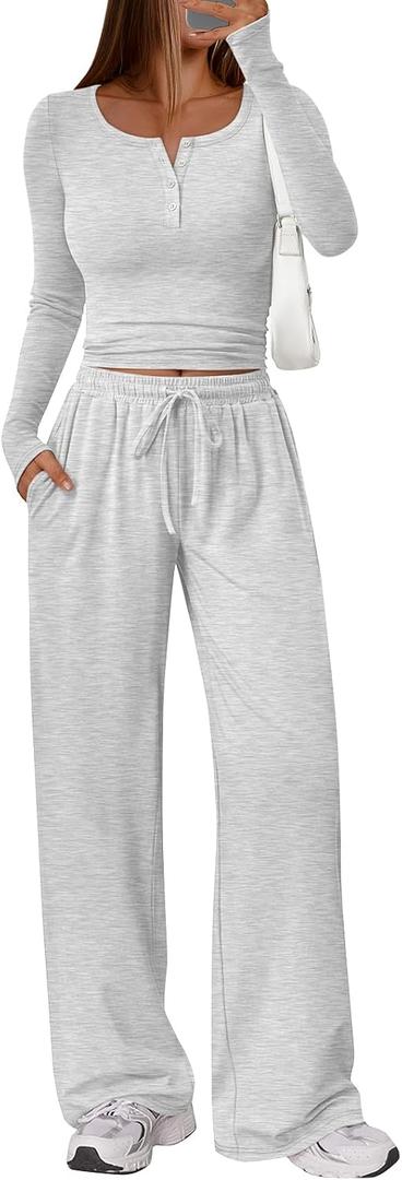 Trendy Queen Women's 2 Piece Matching Lounge Sets Long Sleeve Henley Neck Slightly Crop Top Wide Leg Pants Casual Sweat Suit S