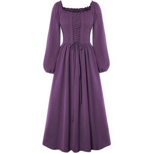 Scarlet Darkness Renaissance Dress Women Long Sleeve Cottagecore Smoked Dress with Pockets (Purple, L)