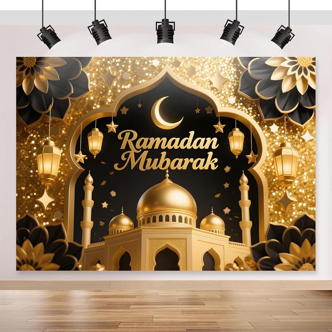 Ramadan Mubarak Backdrop 70.8x43.3 inch, for Muslim Ramadan Kareem Party Decorations, Eid Mubarak Sign Photo Booth for Home Muslim Eid Al Fitr Party