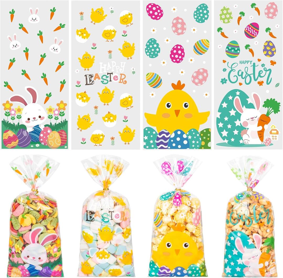 3 x RICEDUO Easter Cellophane Treat Bags, 100 Pieces Clear Cello Gift Bag with Twist Ties, Easter Candy Goodies Bags for Kids Spring Party Favors Supplies
