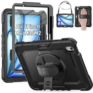 HXCASEAC Rugged Case for iPad Air 11 inch M4 M3 M2 (2026 2025 2024), Heavy Duty Protective Design with Pencil Holder, Screen Protector, Rotating Stand, Hand Strap, for iPad Air 11 Hard Case (Black)