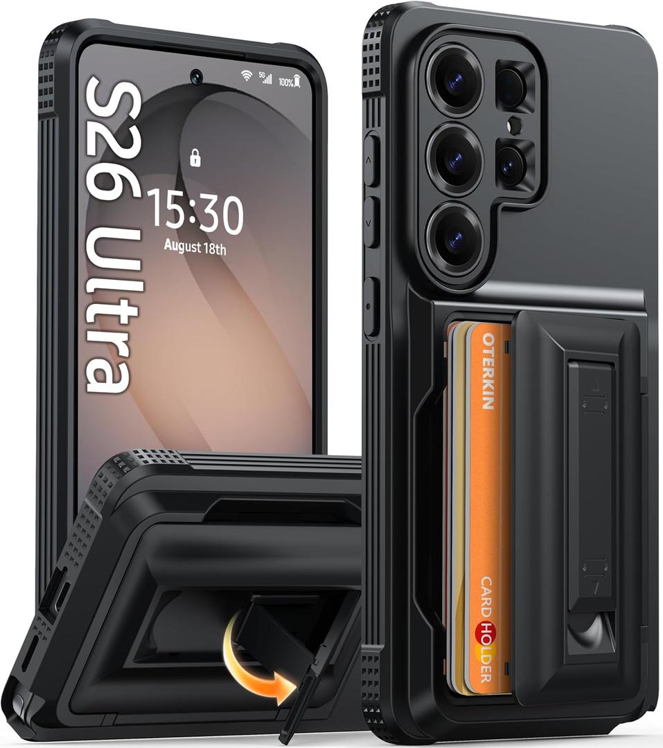 Oterkin for Samsung Galaxy S26 Ultra Wallet Case [4-5 Card Holder] [Kickstand] [RFID Blocking] [Full Camera Protection] [Military Grade Protection] Shockproof Rugged Phone Case for S26 Ultra, Black