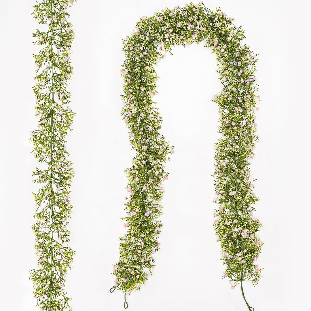 2 Pcs 5.8ft Artificial Baby Breath Flower Vines, Babys Breath Artificial Flowers Real Touch Faux Gypsophila Hanging Fake Baby's Breath Garlands for Wedding and Baby Shower DecorPink
