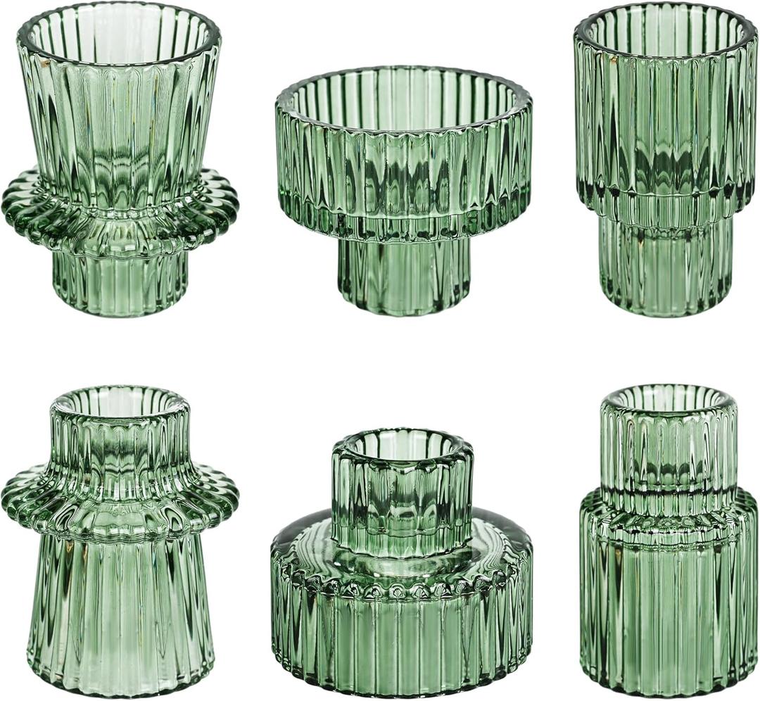 NEOEGOR Taper Votive Candle Holder for Pillar Candles Tealight, Candlestick Holder for Wedding Christmas Tea Party, Boho Ribbed Vintage Crystal Glass Table Centerpiece Decor, Bulk Set of 6 (Green)