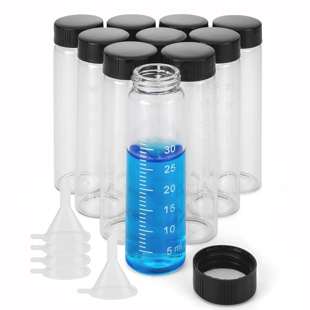 Kesell 10 Pack 40ml Vial Graduated Clear Glass Sample Bottles Empty Reusable Liquid Vials with Plastic Screw Cap and 5 Funnels