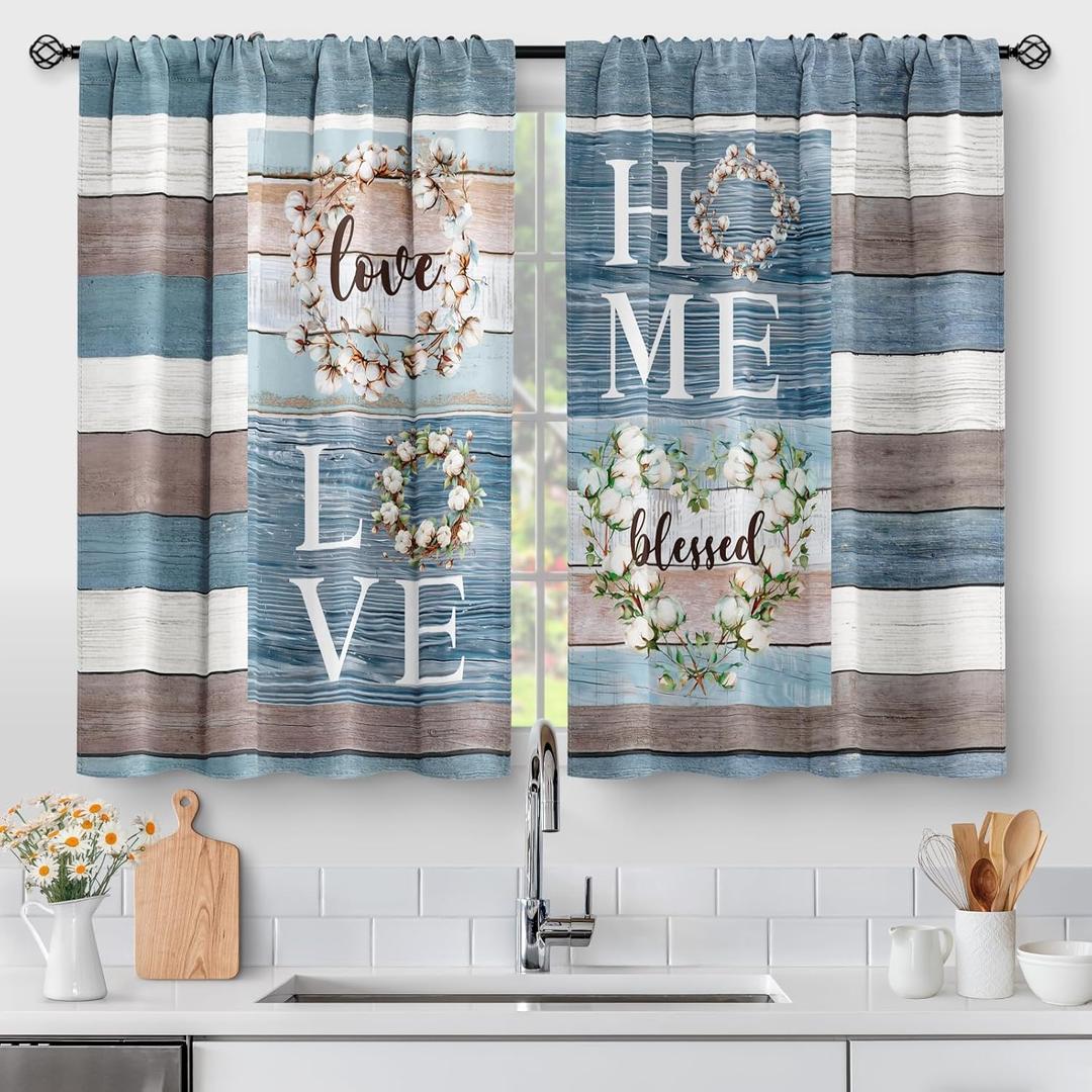 Aimego Teal Flowers Kitchen Curtains - Rustic Wood Cafe Farmhouse Small Short Window Curtains for Bathroom Living RV Room Rod Pocket Window Drapes 36 Inch Length 2 Panels Set 28"x36"