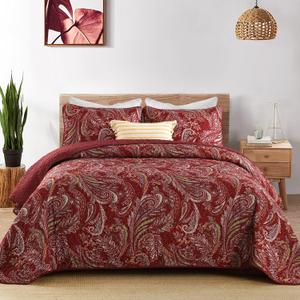 WONGS BEDDING Boho Quilt Set Queen,3 Pieces Red Paisley Pattern Bedspread Coverlet Set,Lightweight Microfiber Bohemian Bedding Set for All Season 96"90"