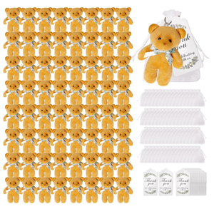 64 Sets Baby Shower Small Bears Bulk 4.72 Inch Tiny Plush Bear Party Favors with Thank You Tags and Mesh Bags for DIY Keychain Birthday Baby Shower Mini Stuffed Animals (Brown)
