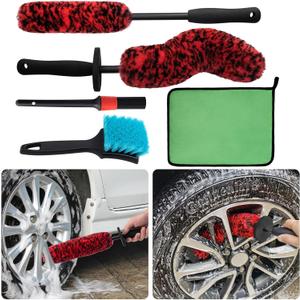5 Pack Car Wheel and Tire Cleaner Brushes Kit Auto Motorcycle Rim Ultra Soft Microfiber No Spatter Bendable Woolies Bristle Cleaning Set (Red & Black)