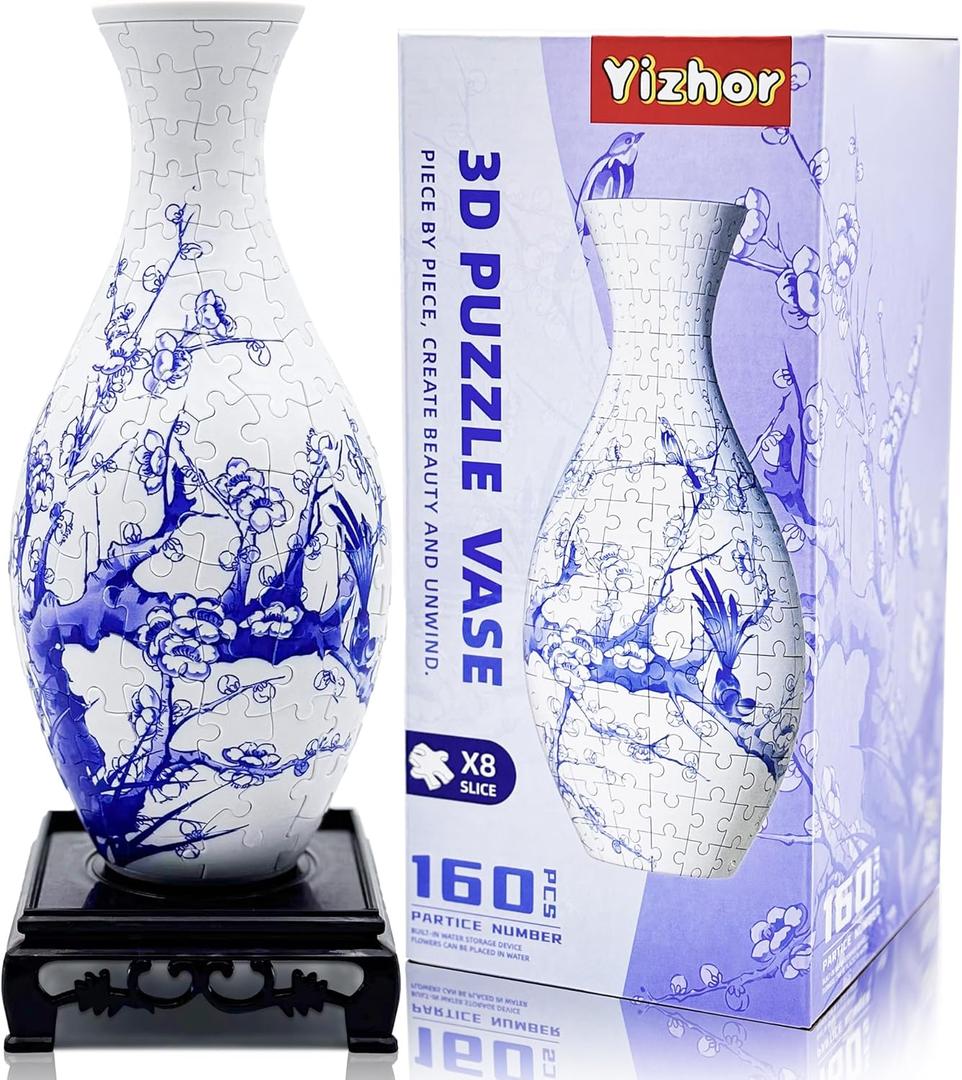 2 x 3D Puzzle Vase for Adults,160-Piece Unique Curved Plastic Flower Vase,House Warming Gift for Flower Arrangements and Home Decor, for Mom (Plum Blossom)