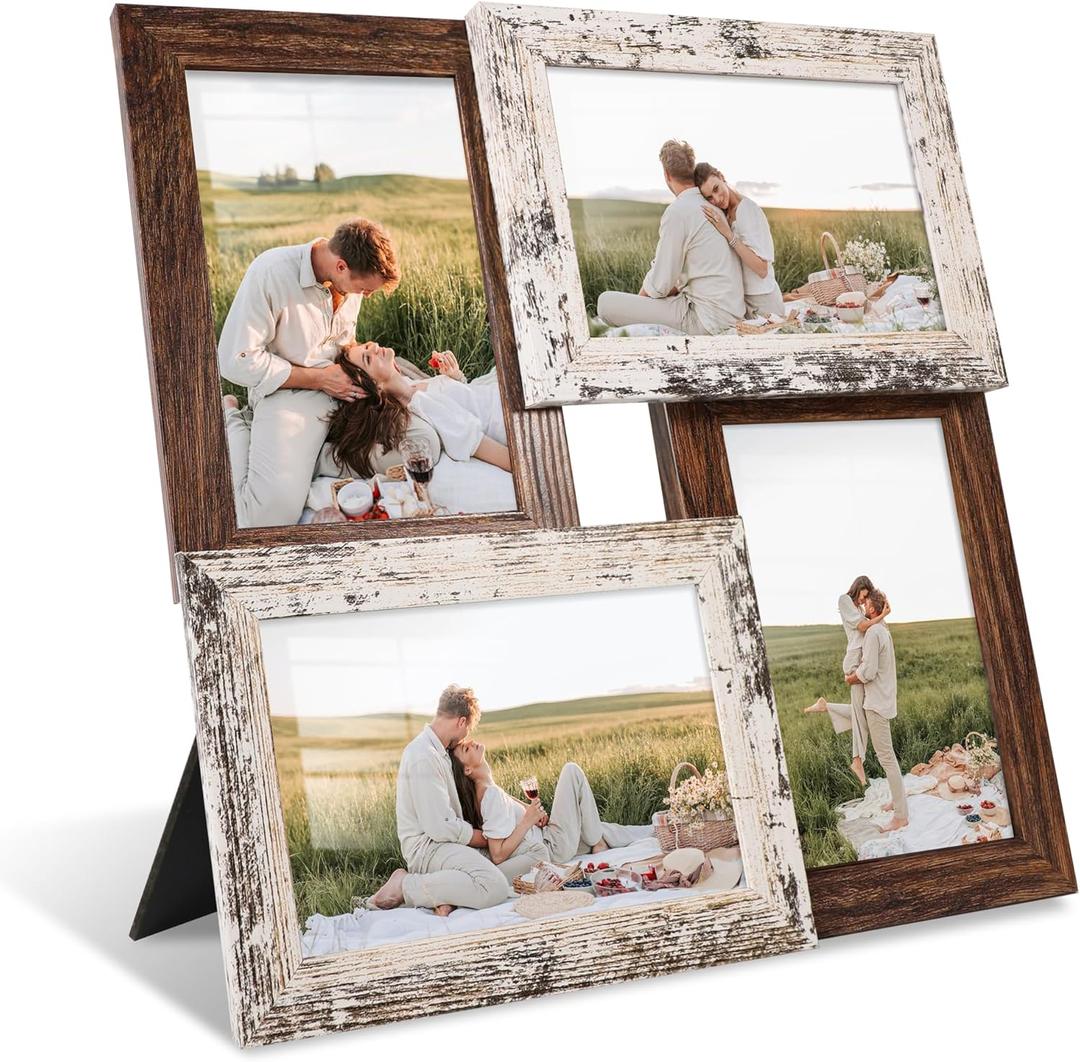 4x6 Collage Picture Frames, Multi Family Photo Frame with Real Glass, Displays Four 4x6 Photo, Wall Decor Wall Hanging or Tabletop, Distressed White+Rustic Brown