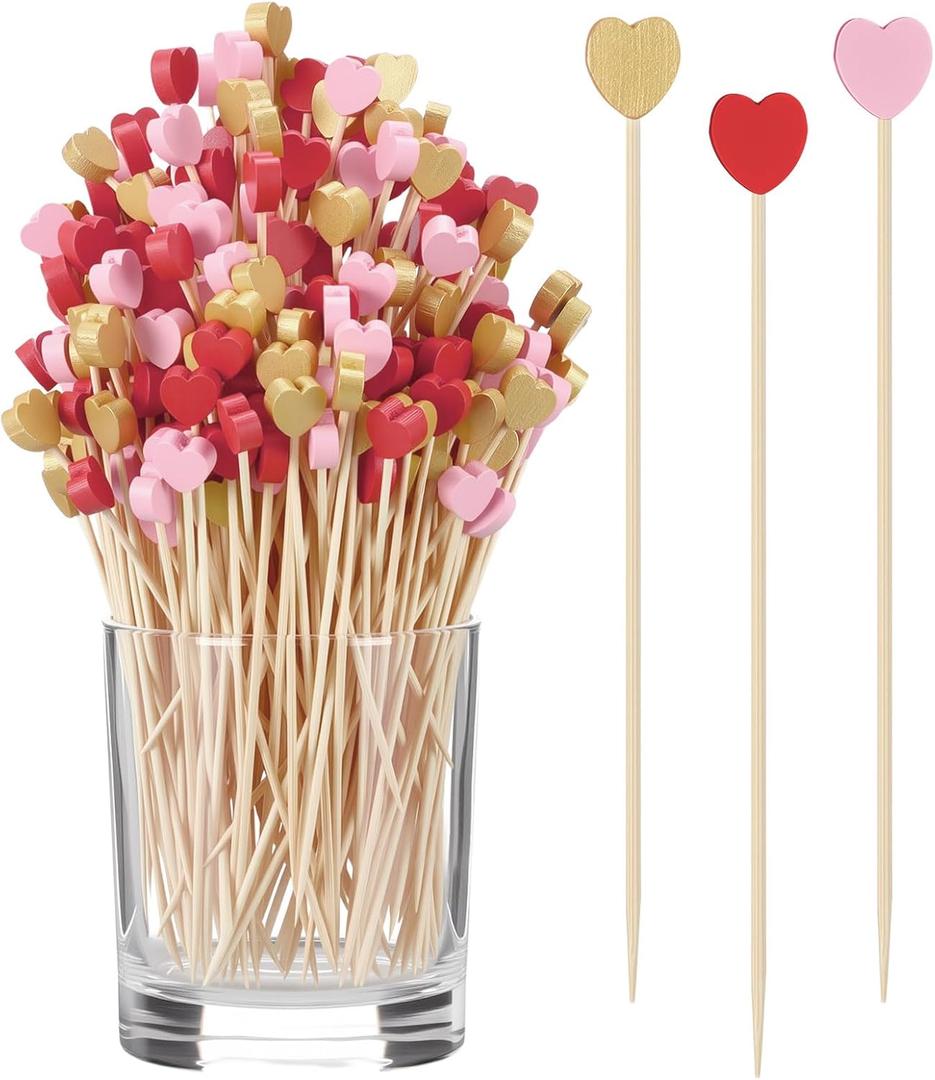 Yungyan 300 Pcs Valentine's Heart Toothpicks Bulk 4.7'' Long Bamboo Cocktail Picks Fruit Sticks Red Pink Gold Appetizers Food Picks for Valentines Wedding Birthday Party Decoration