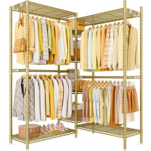 Ulif E4L Corner Clothes Rack, L Shaped Garment Rack, Heavy-Duty Freestanding Closet System with Shelves and Hangers, Max Load 962lbs, 42.7" W x 42.7" D x 79.3" H, Gold