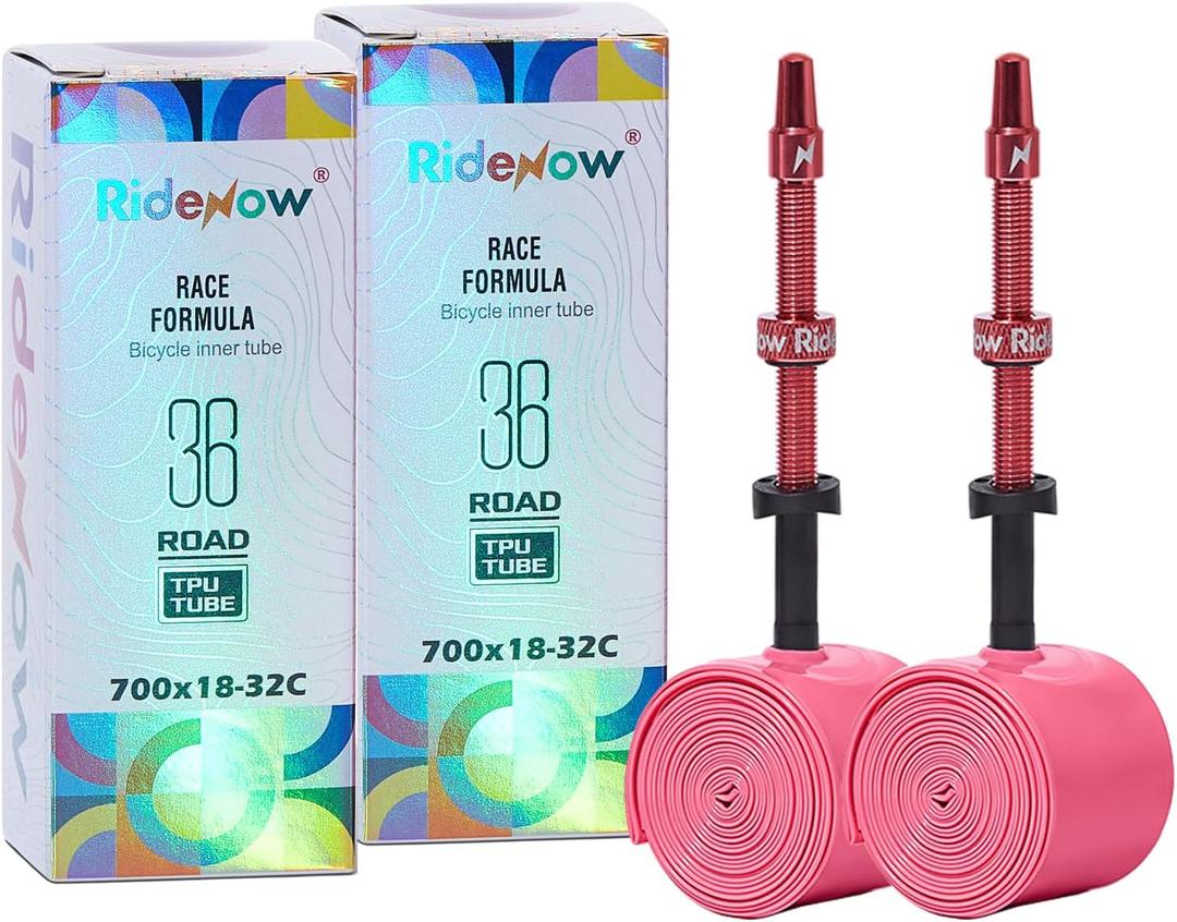 2 Pack Ridenow TPU Inner Tube 700C x 18-32C/32-47C with 45mm/65mm/85mm Pink Metal Presta Valve with Detachable Brass Core Lightweight Tubes for Road Bike Gravel (Include Repair Patch Kit)