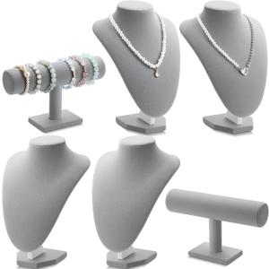 6 Pcs Jewelry Display Set Necklace Display Stand T Bar Bracelet Holder Jewelry Bust for Home Store Trade Show (Gray)