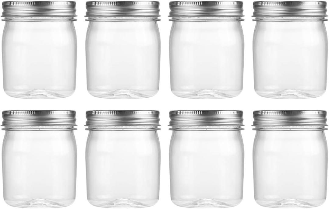 Novelinks 8 oz Clear Plastic Jars with Airtight Lids, 8 Pack Plastic Mason Jars with Lids 8oz, Refillable Storage Slime Containers & Small Spice Jar for Kitchen Organization (8 Pack,Silver)