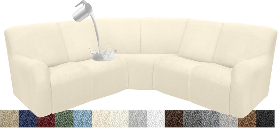 Waterproof Reclining Sectional Couch Covers Washable L Shaped Couch Cover for Sectionals Recliner Sofa Covers Stretch Corner Recliner Slipcovers for Dogs (5 Seater Cover, Beige)