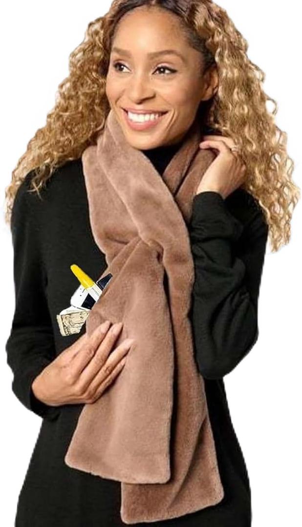 Faux Fur Scarf with Hidden Zipper Pocket, Womens Scarf with Pockets, Pull Through Winter Scarfs for Cold Weather, Brown