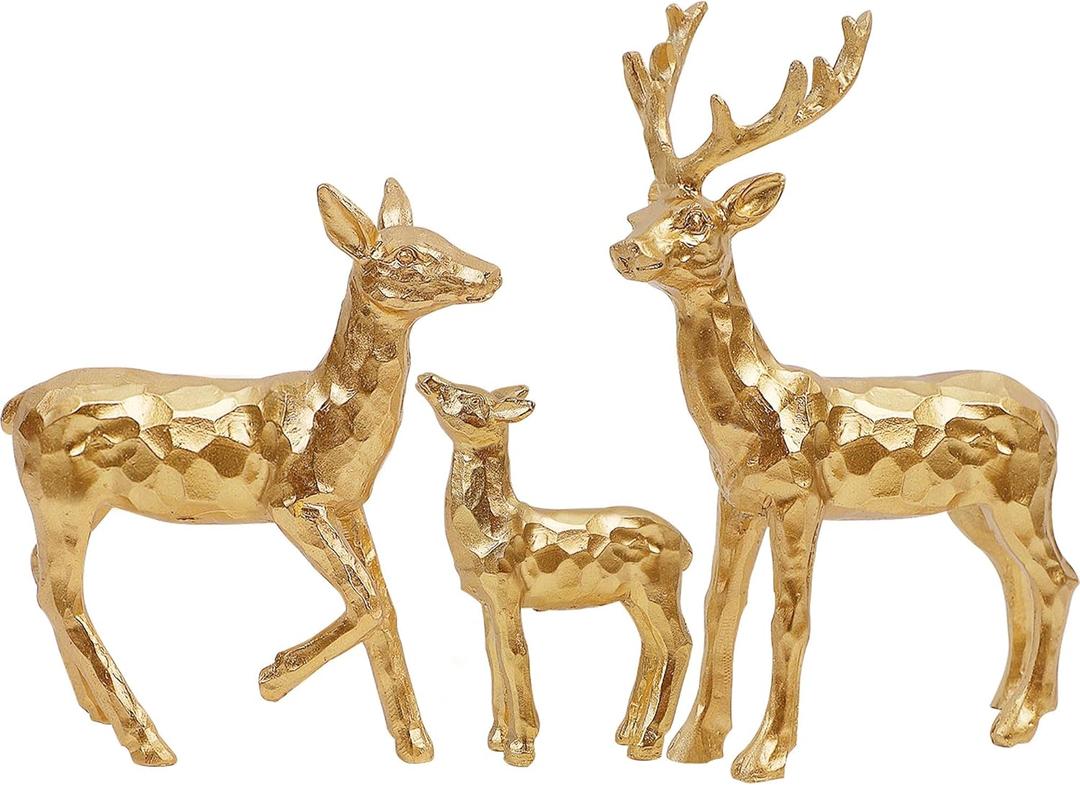 Lulu Home 3 PCS Christmas Tabletop Decorations, Resin Golden Reindeer Family Figurines with Diverse Postures, Xmas Holiday Winter Centerpieces Ornaments for Mantel Shelf Sill Decor(Family)