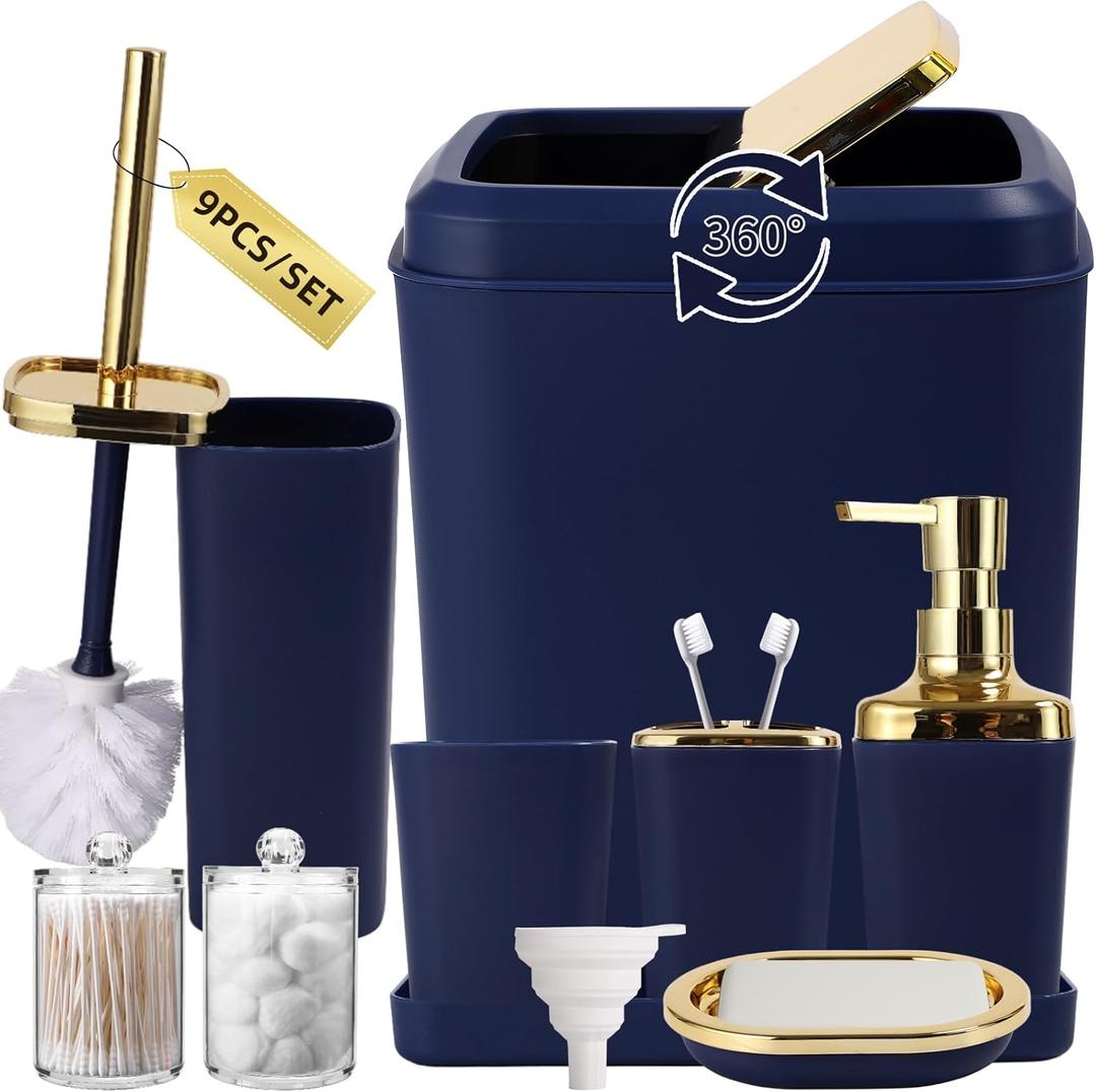 Navy Blue Bathroom Accessories Set, Blue and Gold Bathroom Accessories with Trash Can, Soap Dispenser, Soap Dish, Toothbrush Holder and Q-tip Holders