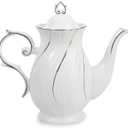 Agyiuns tea pot ceramic with lid, 38.8 Oz for Tea, Milk, Coffee, Flower tea(White with gold thread)