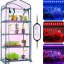 Meonum Indoor Greenhouse with LED Grow Lights, 4 Tier Mini Greenhouse with Roll-Up Zipper PVC Waterproof Cover and Trays, Dimmable Plant Grow Light for Indoor Plant with Timer, 27 L X 19 W X 63 H