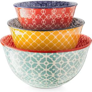 DOWAN Mixing Bowls, Ceramic Mixing Bowls for Kitchen, Colorful Vibrant Nesting Bowls for Cooking, Baking, Prepping, Serving, Salad, Housewarming Gift, Microwave Dishwasher Safe, 3.7/2/1 Qt, Set of 3