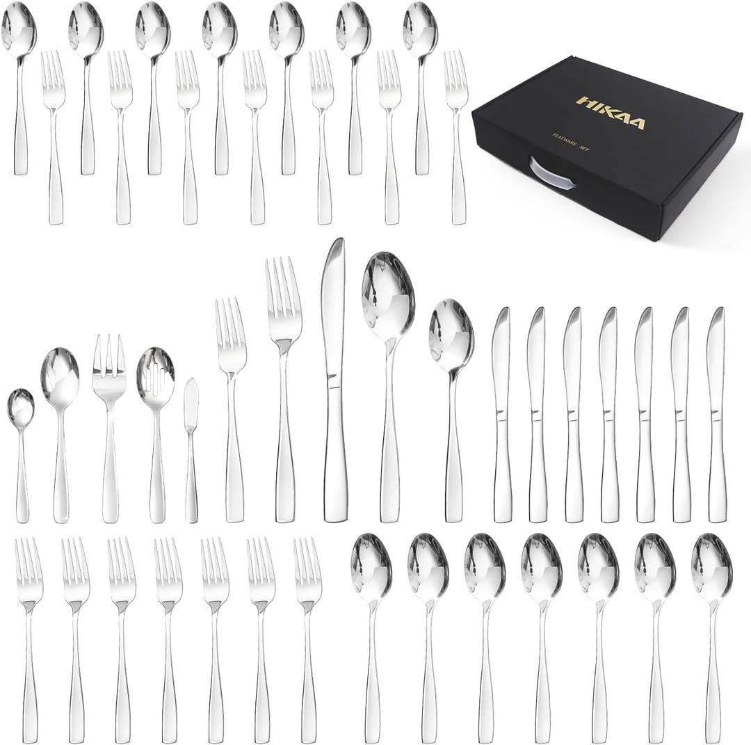 HIKAA 46PCS Stainless Steel Silverware Set, Flatware Set for Kitchen, Cutlery Set with Forks, Spoons, Knives, Serving Set and Metal Organizer, Modern Flatware Set Service for 8