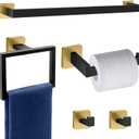 5 Piece Black and Gold Towel Bar Set - Gold and Black Bathroom Accessories with 2 Towel Hook, Stainless Steel Wall Mounted Bathroom Towel Rack Set - Square 16-Inch