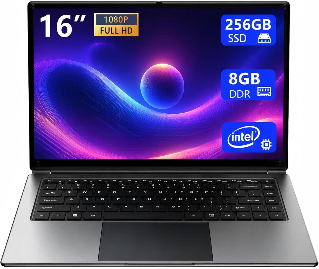 Laptop 16-inch , 8GB DDR 256GB SSD portable laptop computer, expandable to 1TB, Pentium quad-core CPU up to 2.64 GHz, 9000mAh battery, interface, USB3.0 interface, dual-band WiFi, webcam, slim laptops