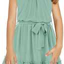 Newffr Girl's Halter Neck Sleeveless Summer Dress Tie Waist A-line Sundress Mini Swing Pleated Dress for Girls (Green,13-14 Years)