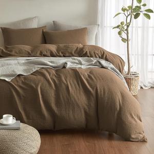 SE SOFTEXLY Muslin Duvet Cover King Size, 100% Washed Cotton Duvet Cover Set, Ultra Soft Comforter Cover Linen Like, 3 Pieces Minimalist Gauze Duvet Cover with 2 Pillowcases, 90"x104", Dark Brown