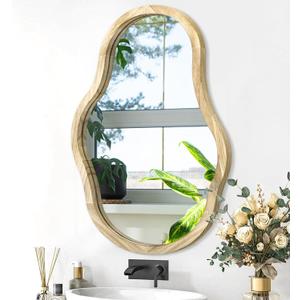 Asymmetrical Wooden Framed Wall Mirror Modern Unique Shape Hanging Mirror Artistic Irregular Mirror Decor Bathroom Vanity Bedroom Living Room Entryway Hallway Large Natural 26"x18" (26"L x 18"W)