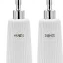 Kitchen Soap Dispenser Set with Stainless Steel Pump and Funnel, Modern Ceramic Refillable Hand and Dish Soap Dispenser Set for Kitchen, Bathroom, Office, Hotel, Matte White