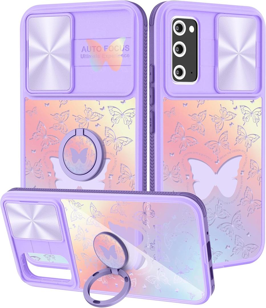 for Samsung Galaxy S20 Fe 5G Phone Case with Slide Camera Cover, Butterflies Cases for Galaxy S20 Fe with Ring Holder, Butterfly Stylish Aesthetic Designer Slim Protective Cover for S20 Fe