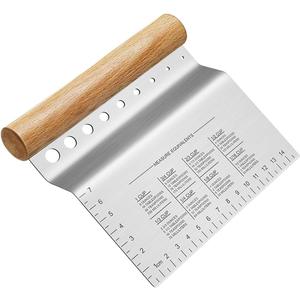 ALLTOP Dough Bench Scraper/Cutter/Chopper Stainless Steel Blade with Herb Stripper,Multipurpose Kitchen Pastry Tool with Scale Ruler - Leaf Remover - 1 Pack (Wooden)
