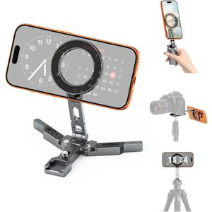 Magnetic Phone Tripod Mount Adapter for MagSafe, Aluminum Foldable Phone Holder with Arca-Swiss & 1/4" Screw Hole, Cold Shoe Mount for Camera, Pocket Mini Selfie Stick Tripod Mount for iPhone/Android