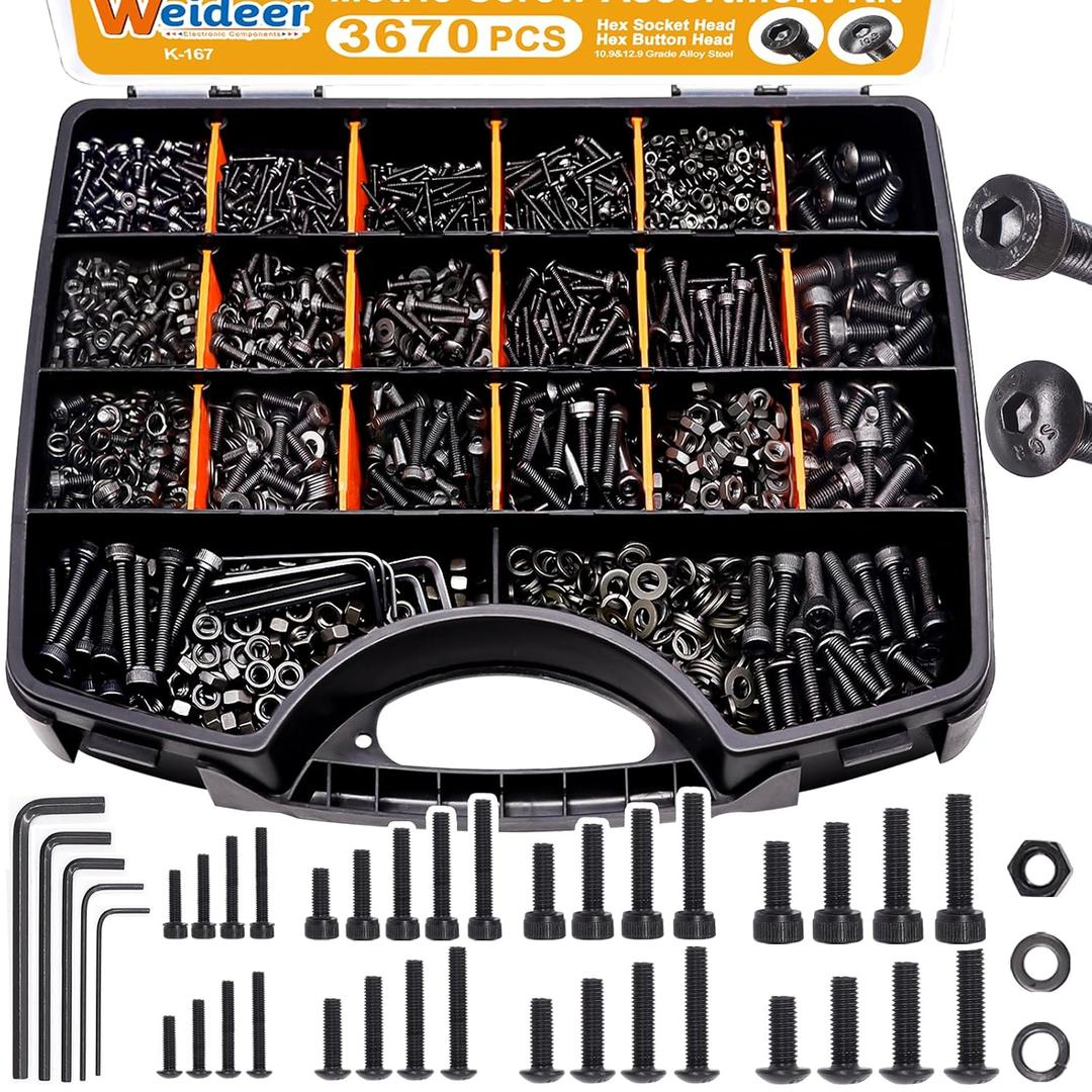 weideer 3670pcs M2 M3 M4 M5 Metric Screw Assortment Kit,Metric Bolt Assortment,12.9 Alloy Steel Hex Socket Head 10.9 Alloy Steel Hex Button Head Machine Screws Nuts Washers with Wrench
