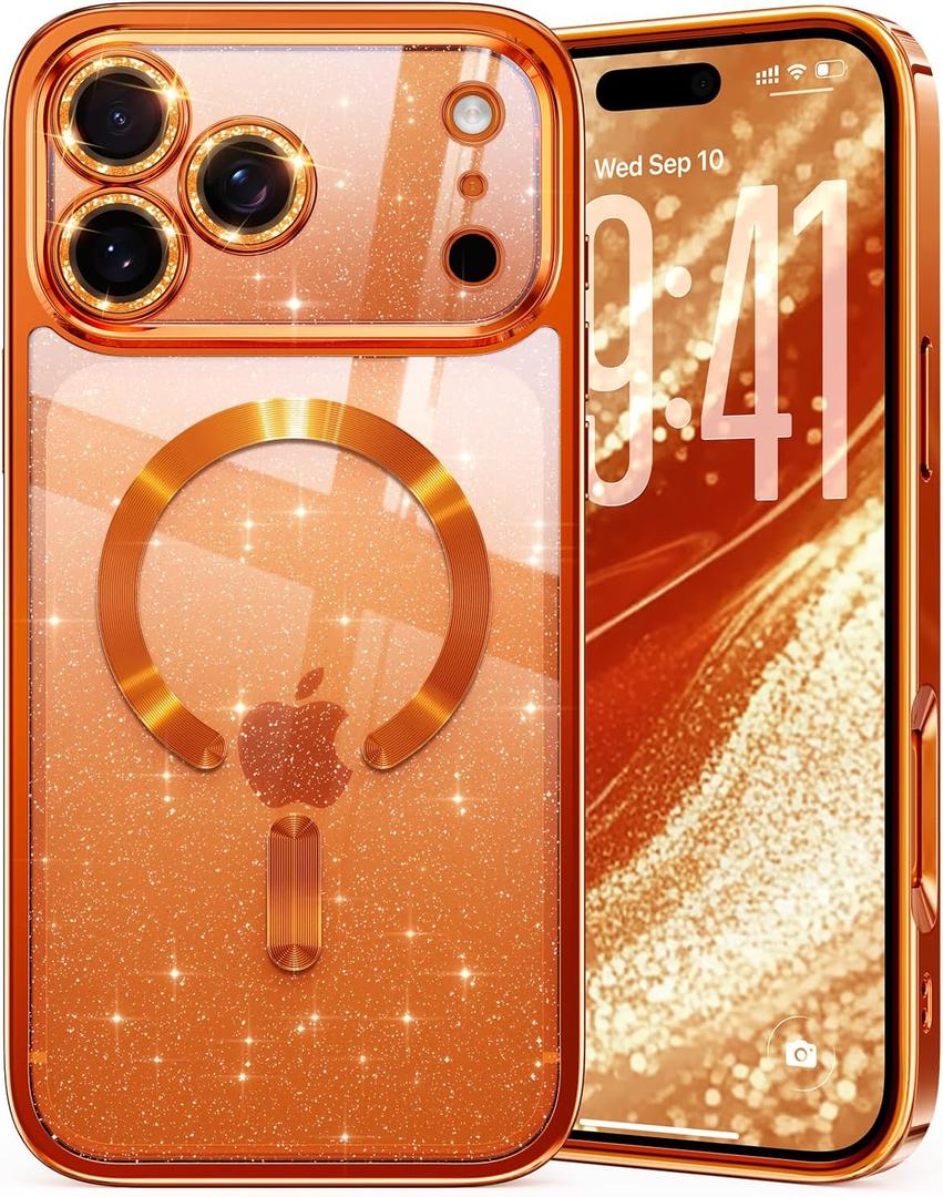 Glitter for iPhone 17 Pro Case with Eye-catching Integrated Lens Protection, [Sparkly Bling Back Panel] [Seamless Work with Magsafe] Cute Women Girly Magnetic Case for iPhone 17 Pro 6.3" Cosmic Orange